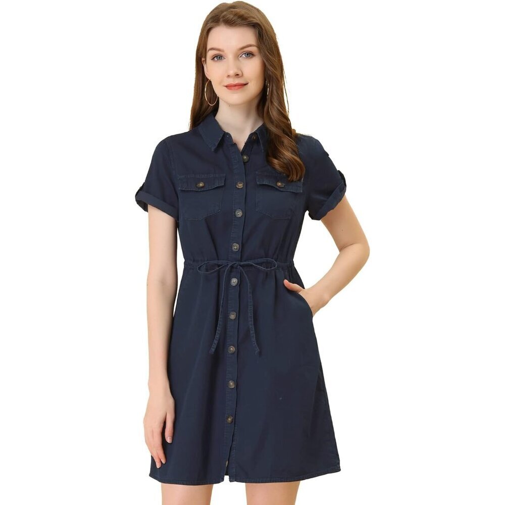 Women's Denim Dress Short Sleeve Tie Waist Casual Button Down Shirt